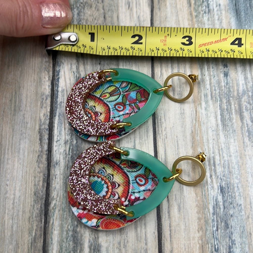 Adorned Crown Artisan Assemblage faux leather green acrylic post earrings