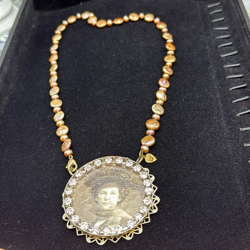Adorned Crown Jewelry assemblage filigree vintage photo pendant pearl necklace
