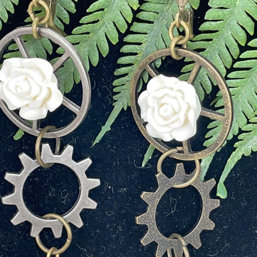 Adorned Crown assemblage steampunk gear white floral earrings