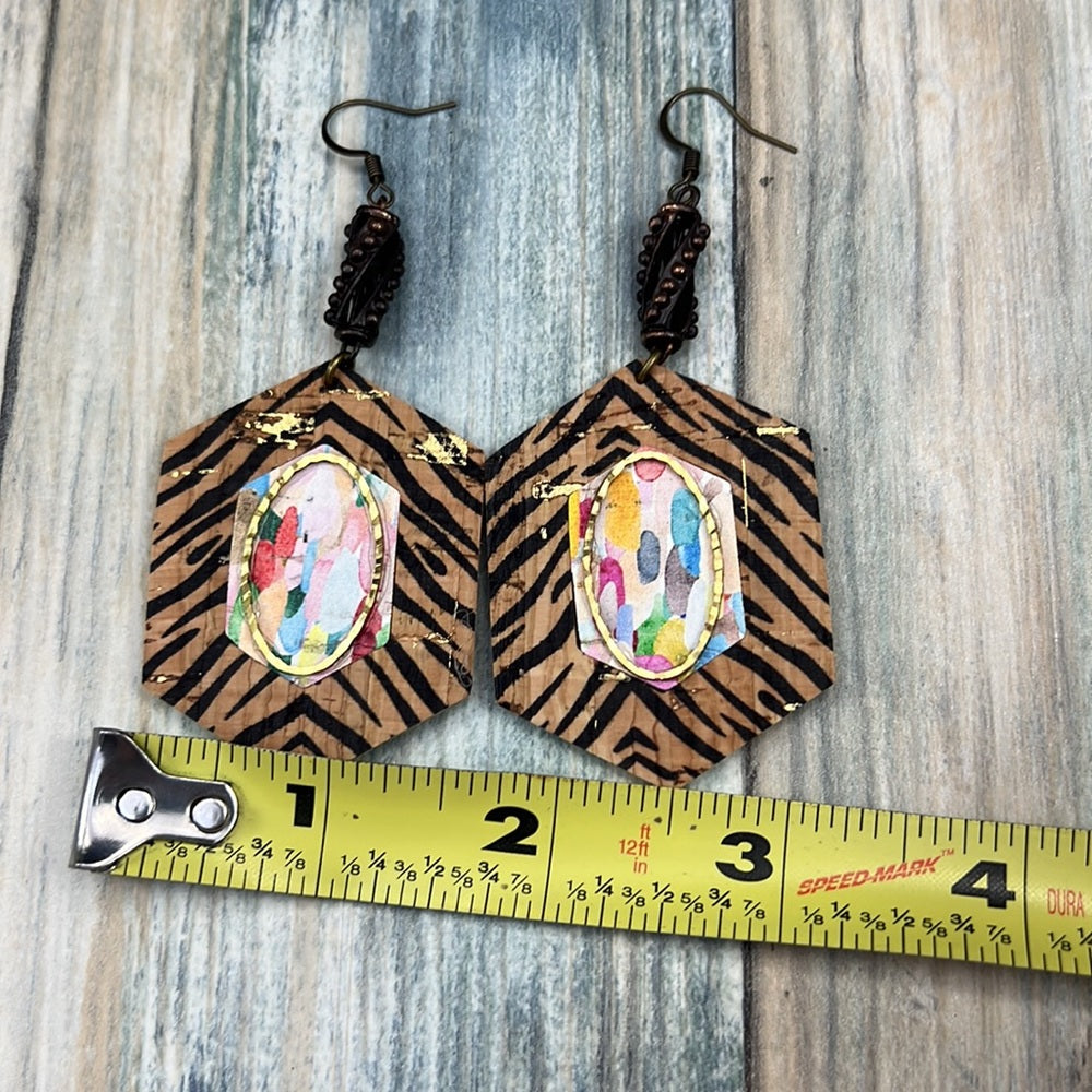 Adorned Crown Artisan Assemblage faux leather & metal zebra cork earrings
