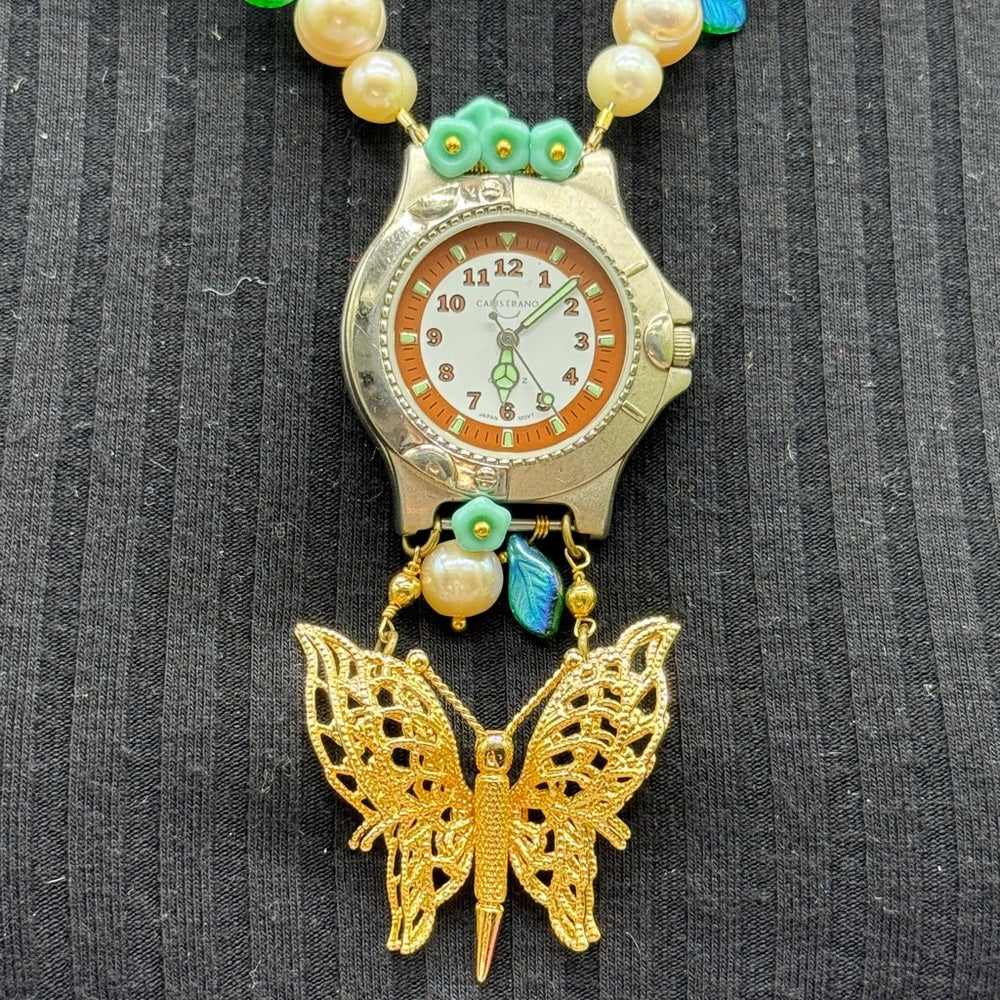 Adorned Crown Jewelry assemblage Pearl Czech glass watch butterfly necklace