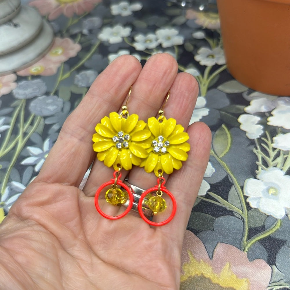Adorned Crown yellow enamel daisy flower neon circle drop crystal earrings