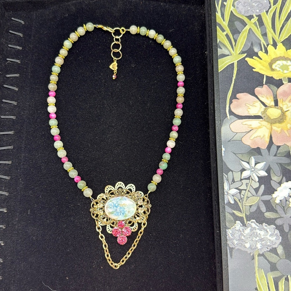 Adorned Crown Jewelry assemblage jade and mop bead porcelain floral necklace