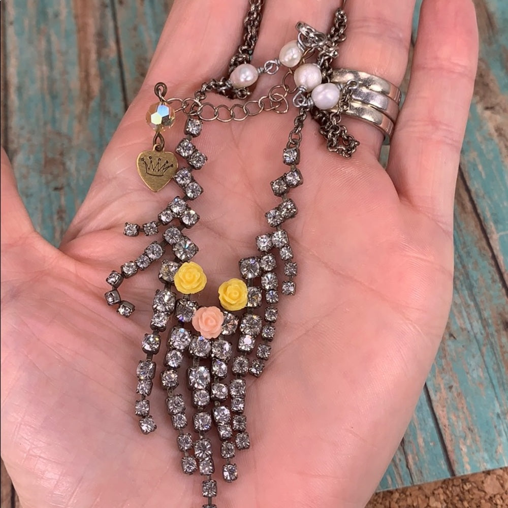 Adorned Crown artisan assemblage rhinestone floral details petite necklace