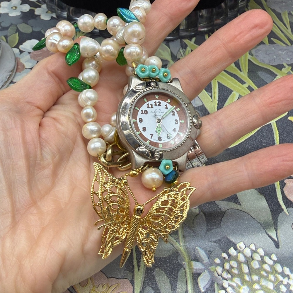 Adorned Crown Jewelry assemblage Pearl Czech glass watch butterfly necklace