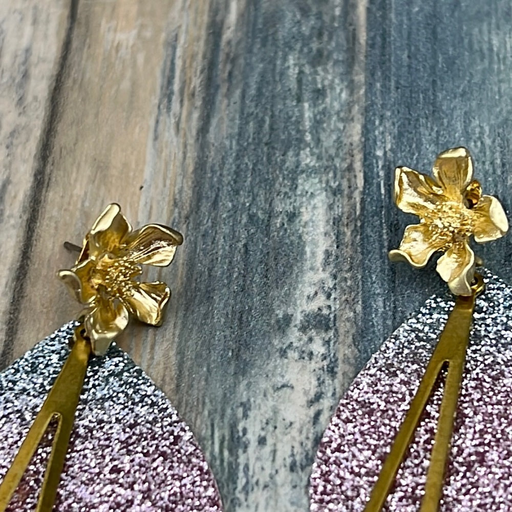 Adorned Crown Artisan Assemblage leather pink glitter gold flower earrings