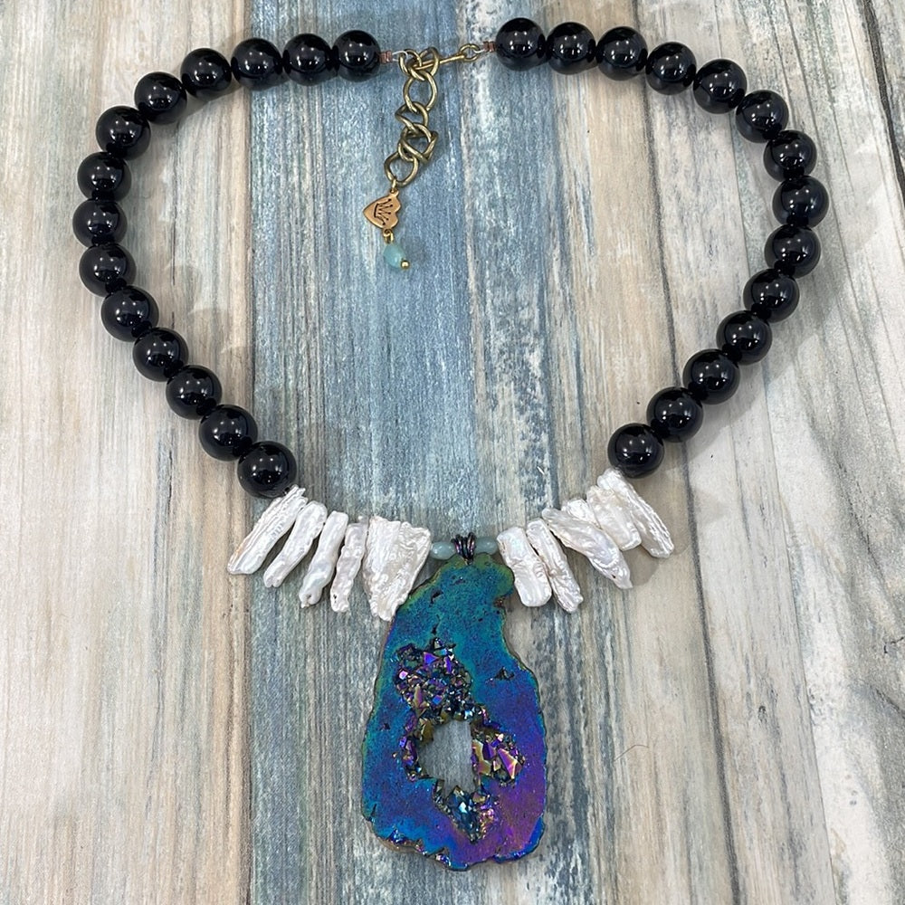 Adorned Crown assemblage druzy stick Pearl beaded statement necklace