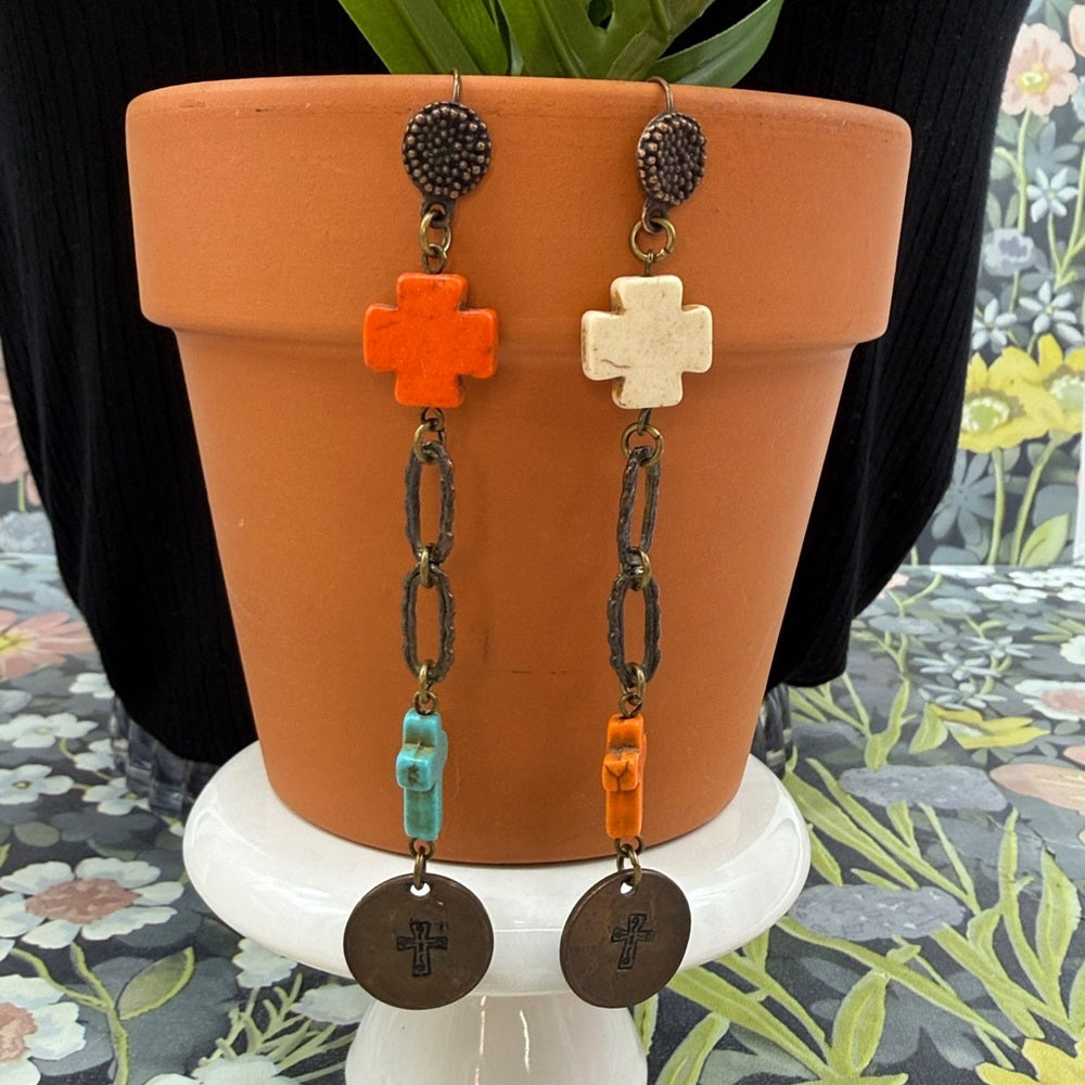Adorned Crown Jewelry assemblage asymmetrical cross and penny earrings