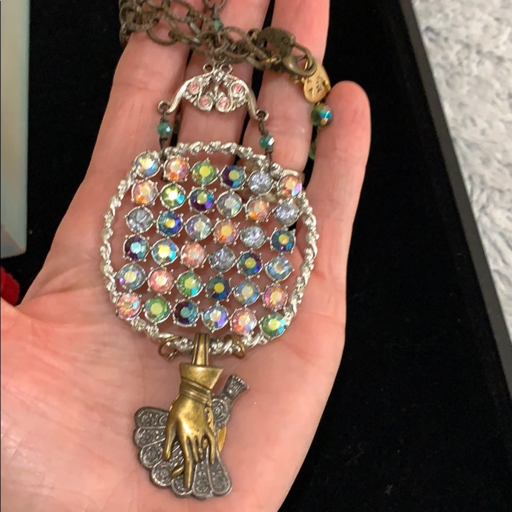 Adorned Crown artisan assemblage pastel rhinestone charm fan necklace
