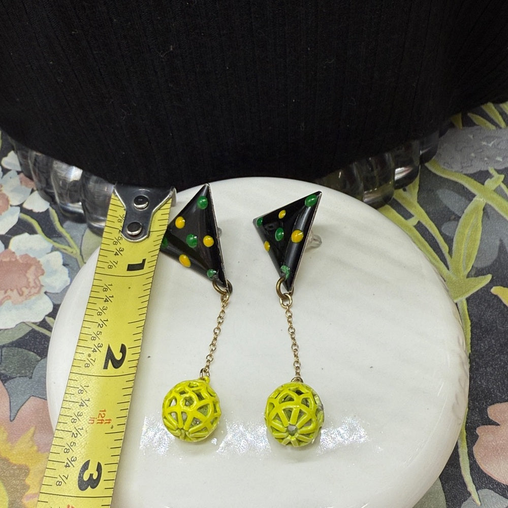 Adorned Crown Jewelry assemblage green triangle enamel cage drop post earrings