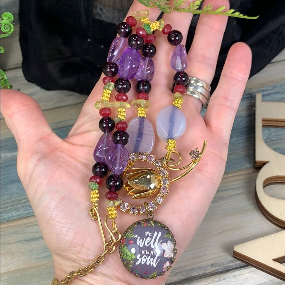 Adorned Crown artisan assemblage It is Well With My Soul amethyst necklace