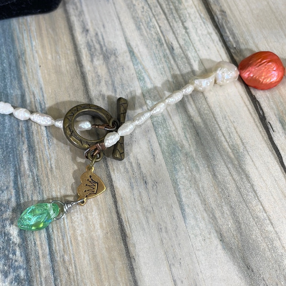 Adorned Crown Artisan assemblage necklace genuine pearls enamel flower