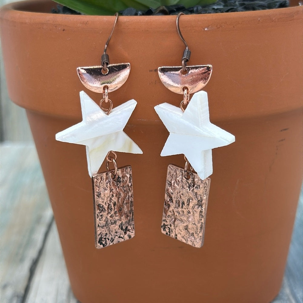 Adorned Crown Jewelry assemblage copper mother of pearl star earrings