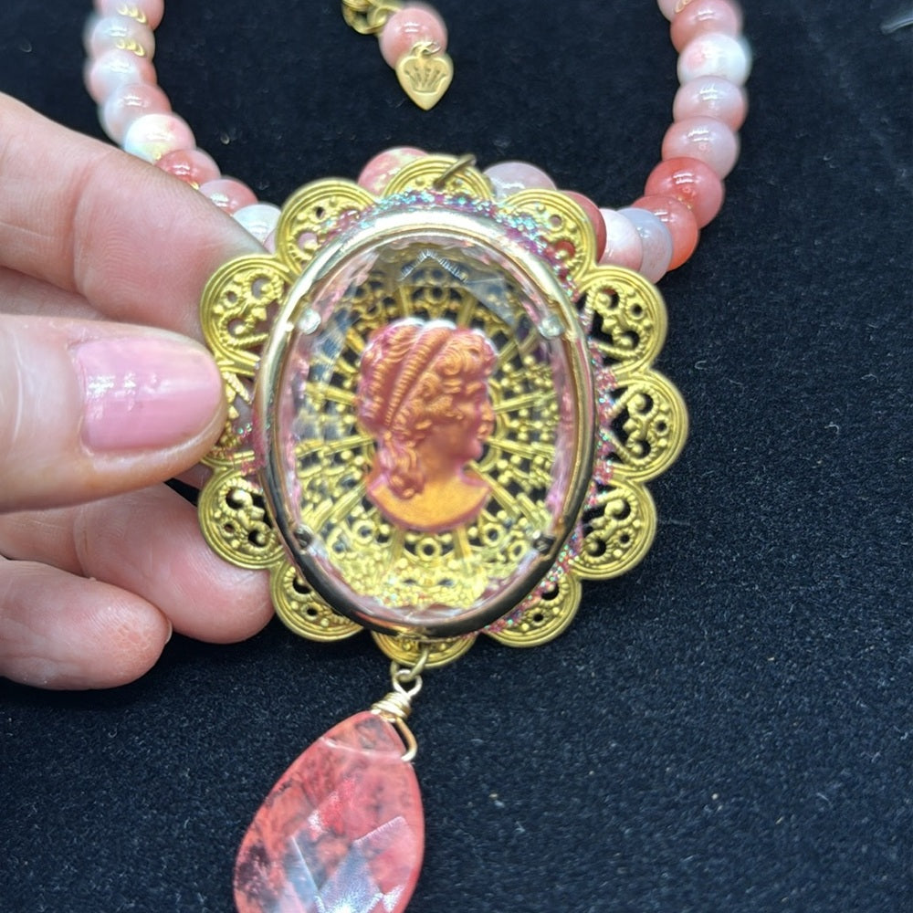 Adorned Crown Jewelry assemblage Persian jade intaglio pink statement necklace