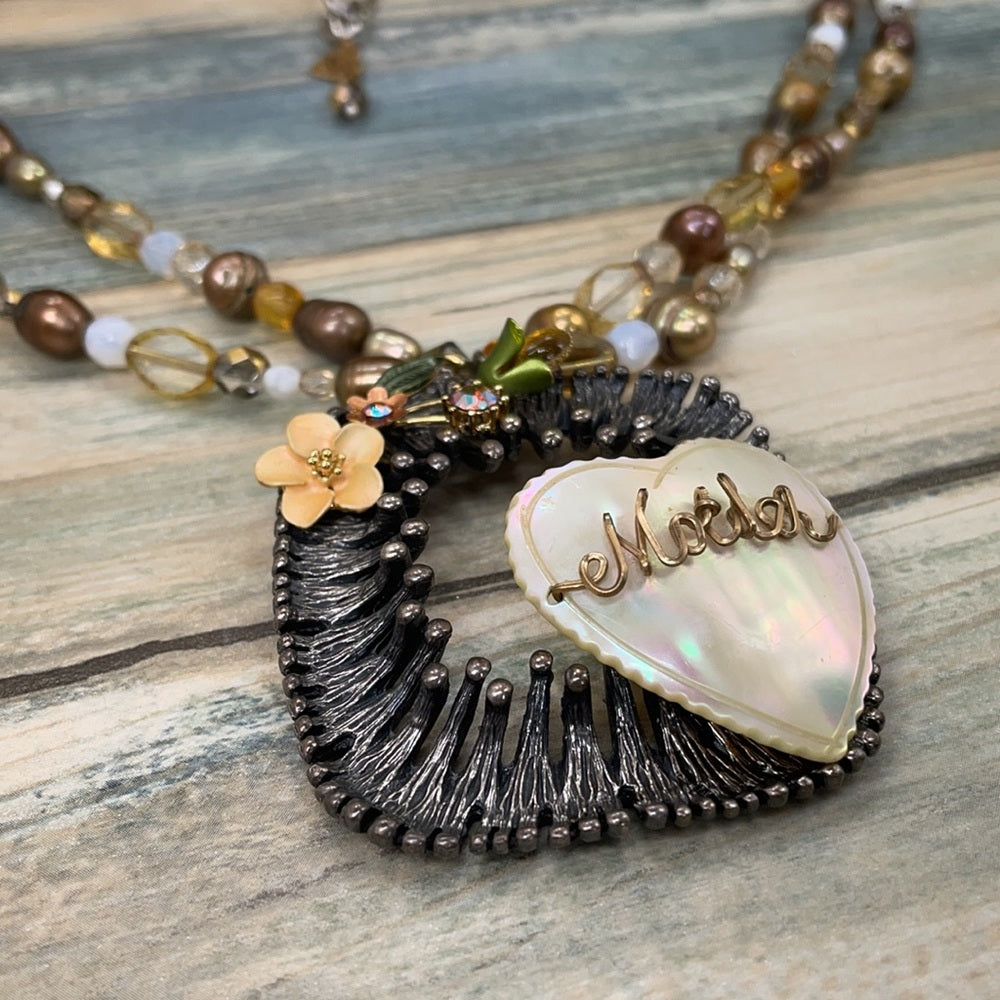 Adorned Crown artisan assemblage shell Pearl beaded heart mother necklace