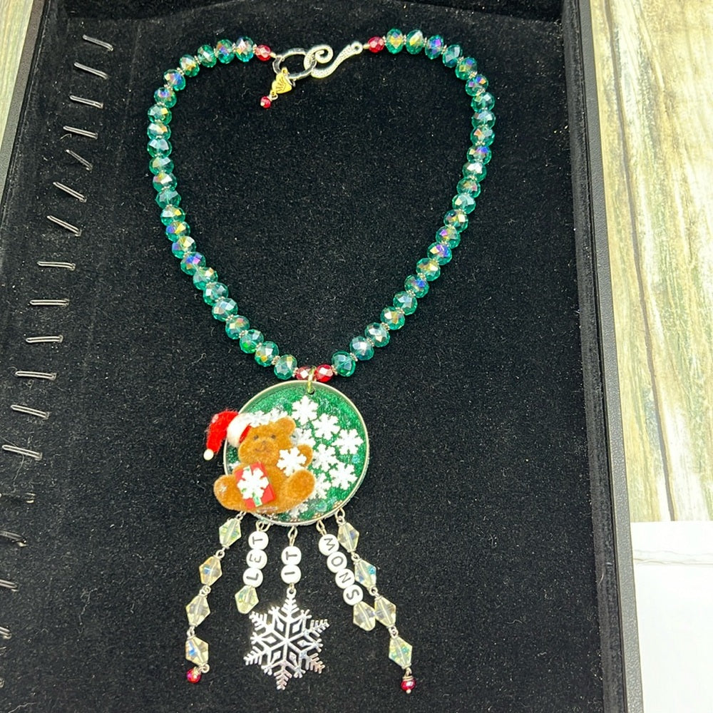 Adorned Crown Jewelry assemblage Christmas let it snow teddy bear necklace