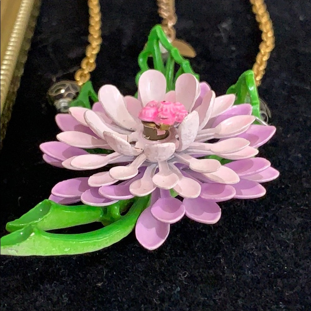 Adorned Crown artisan assemblage dahlia enamel flower necklace