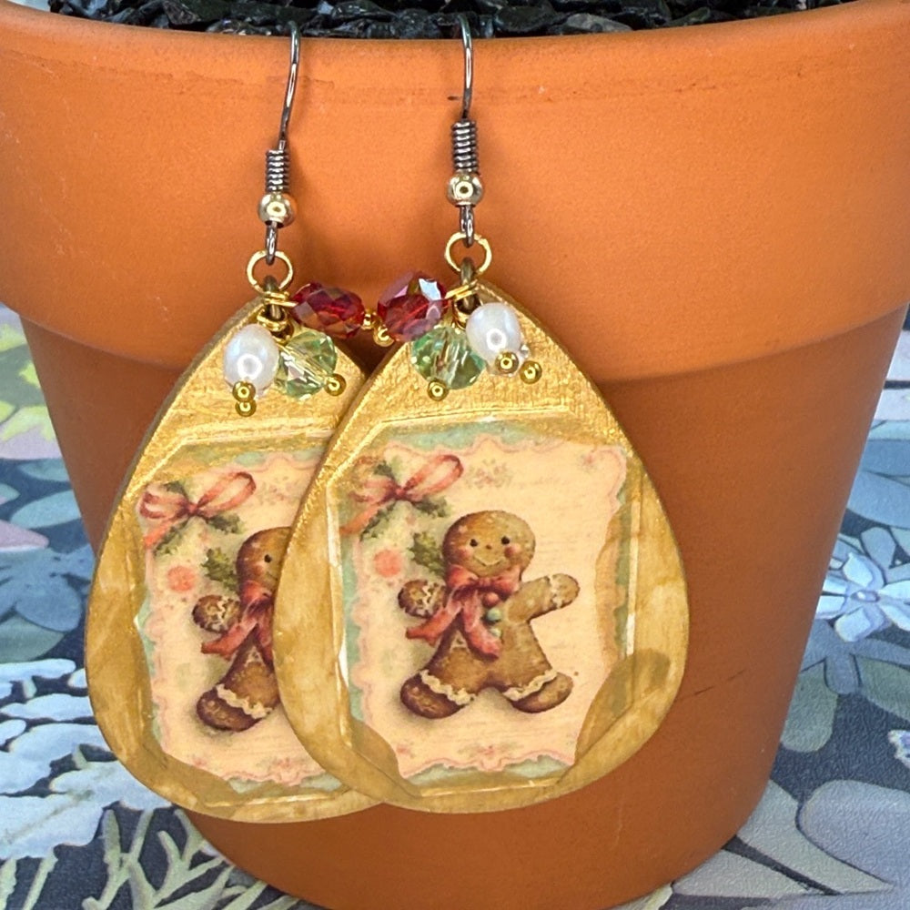 Adorned Crown Jewelry assemblage Victorian gingerbread man Christmas earrings