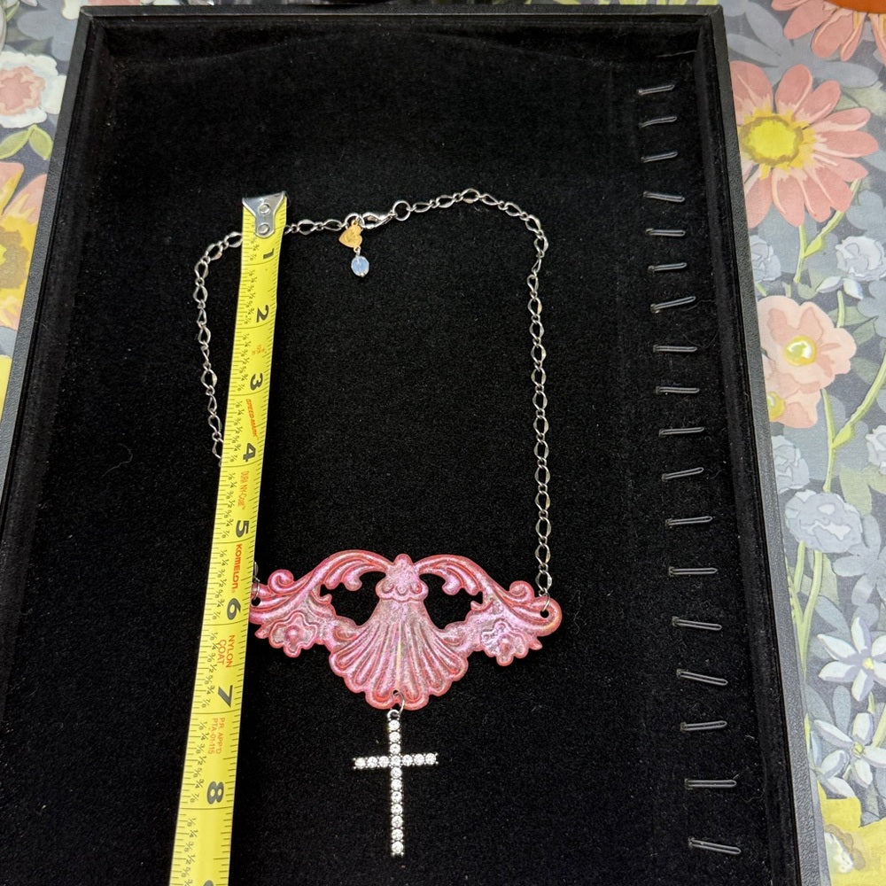Adorned Crown Jewelry assemblage pink statement crystal cross necklace