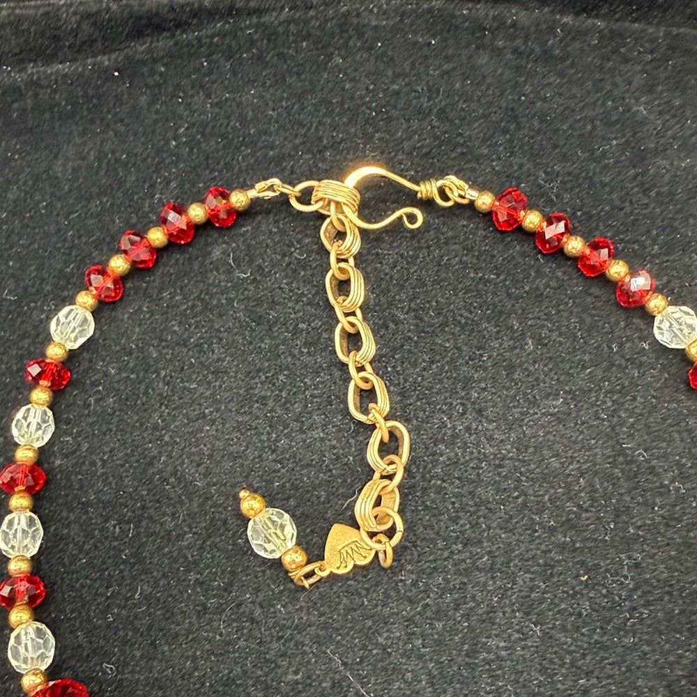 Adorned Crown Jewelry assemblage glass crystal red bead cherub necklace