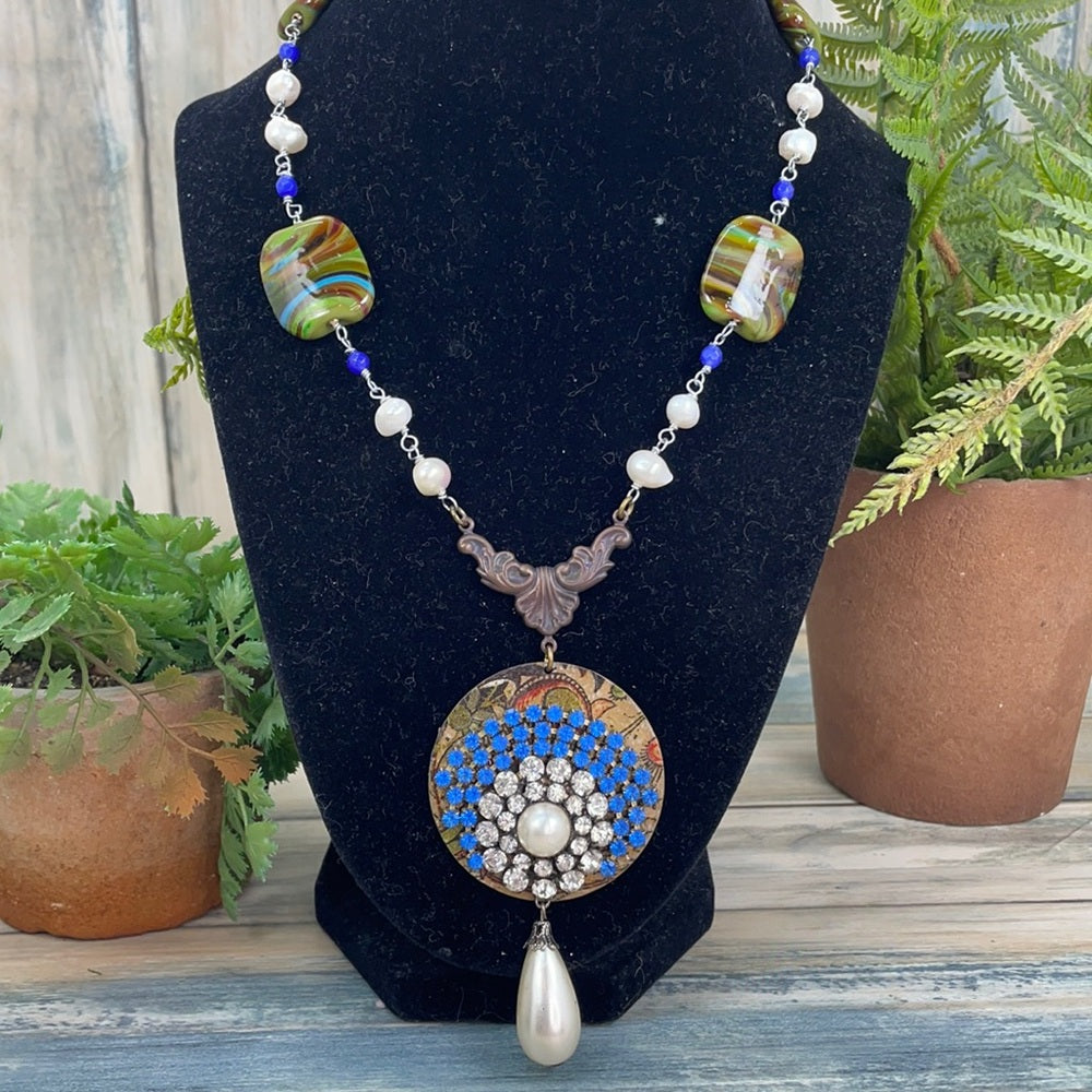 Adorned Crown artisan assemblage rhinestone Pearl swirl necklace