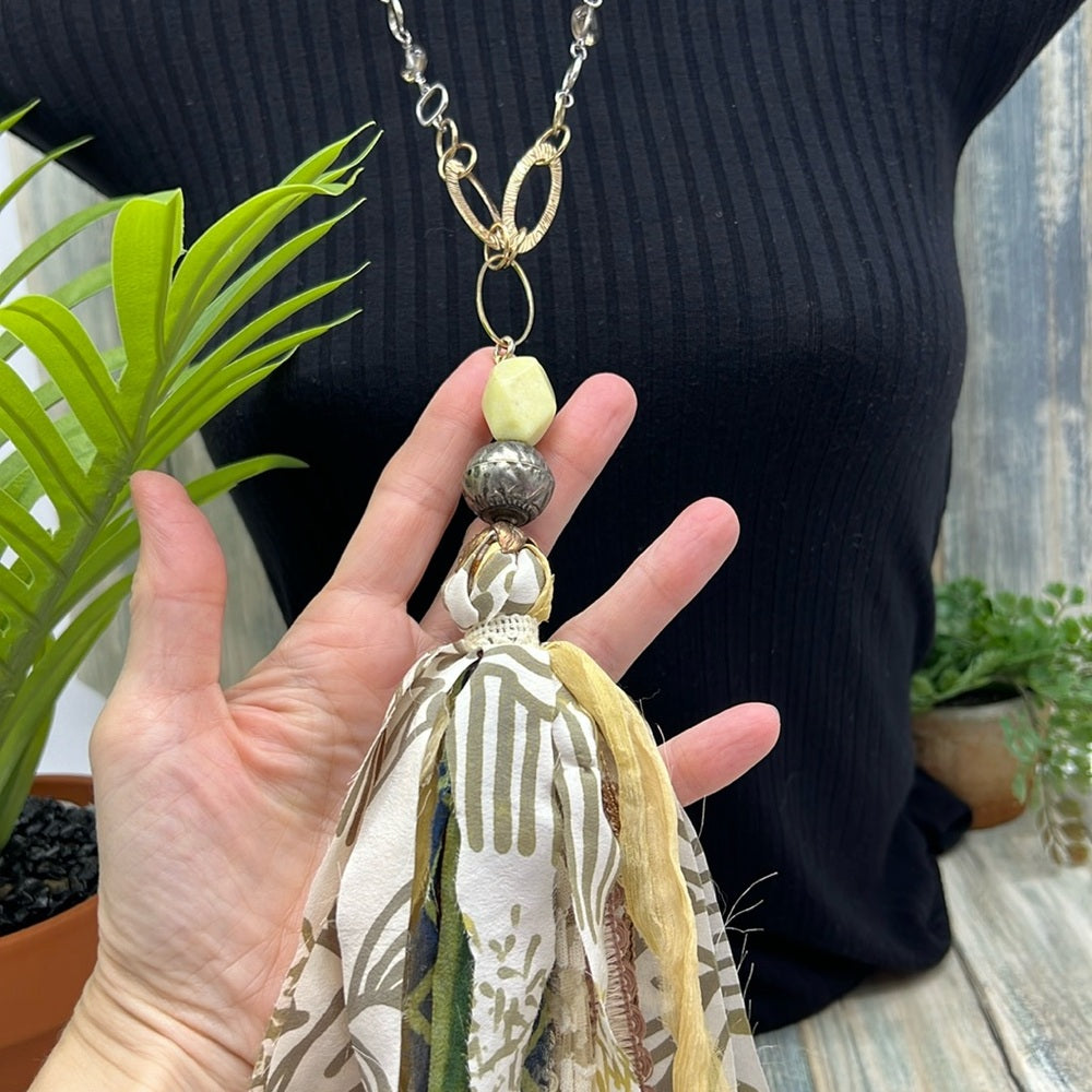 Adorned Crown Jewelry assemblage green yellow tassel stone bead necklace
