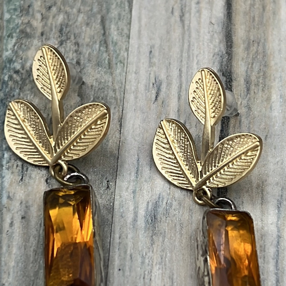 Adorned Crown Artisan Assemblage lucite button topaz gold leaf earrings