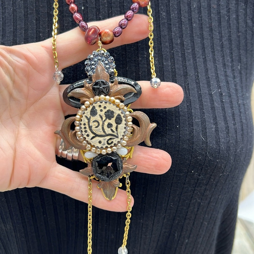 Adorned Crown Jewelry Pearl steampunk collage pendant necklace