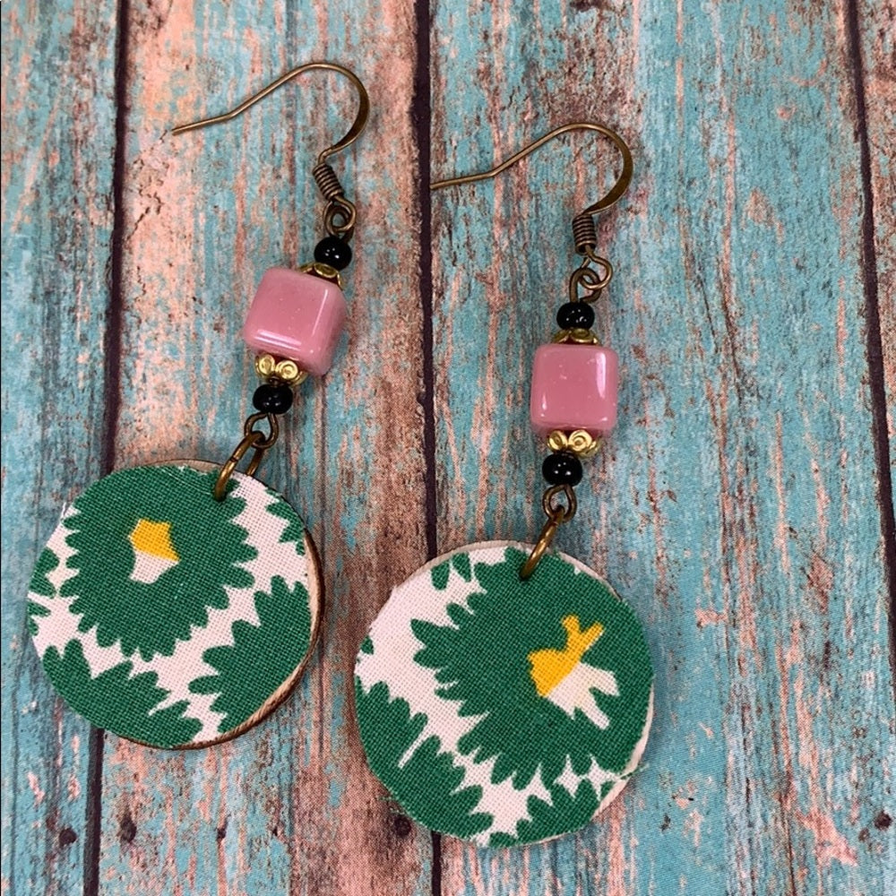 Adorned Crown vintage fabric wood disc earrings pink green lightweight