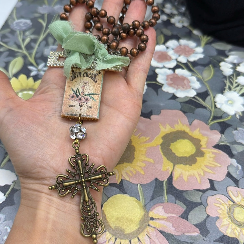 Adorned Crown Jewelry assemblage rhinestone leather ribbon cross necklace
