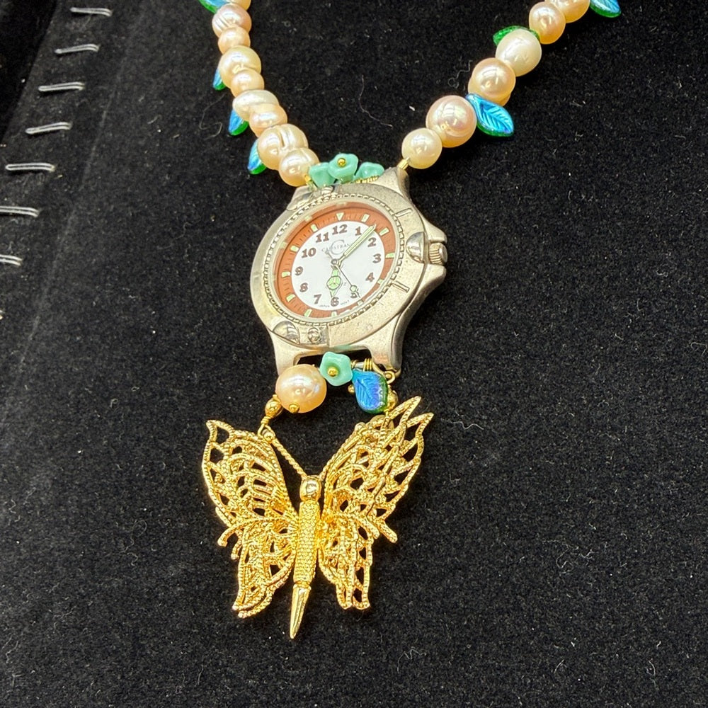 Adorned Crown Jewelry assemblage Pearl Czech glass watch butterfly necklace