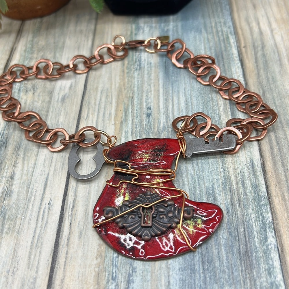 Adorned Crown Jewelry artisan assemblage key enamel keyhole copper necklace