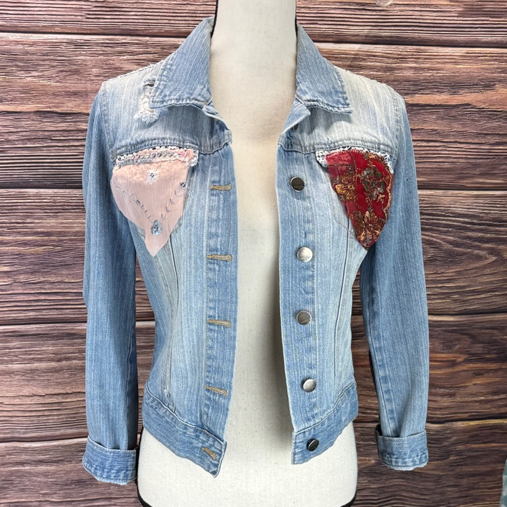 Adorned Crown Jewelry and textiles altered velvet heart denim jacket size med
