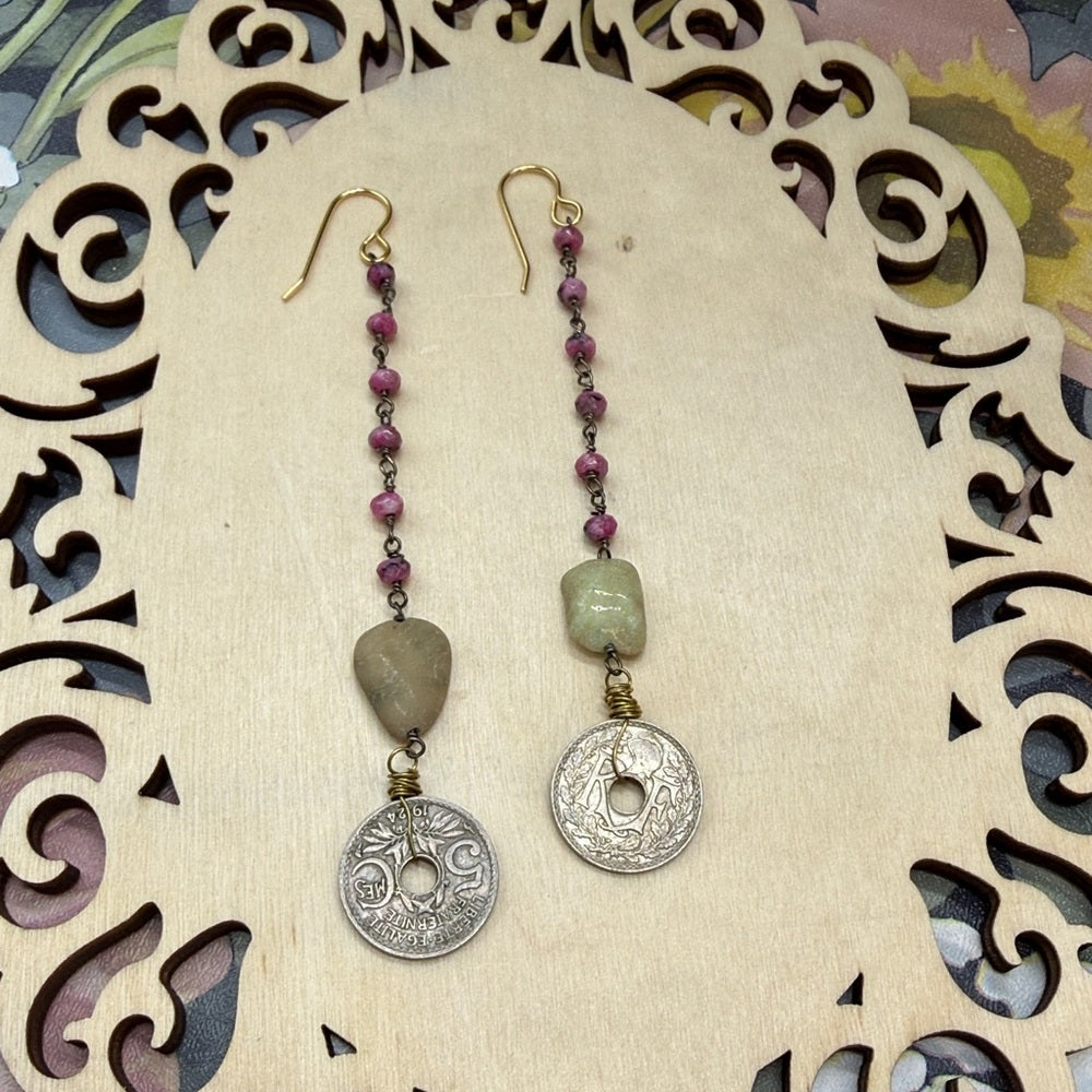 Adorned Crown Jewelry assemblage boho pink green coin stone earrings
