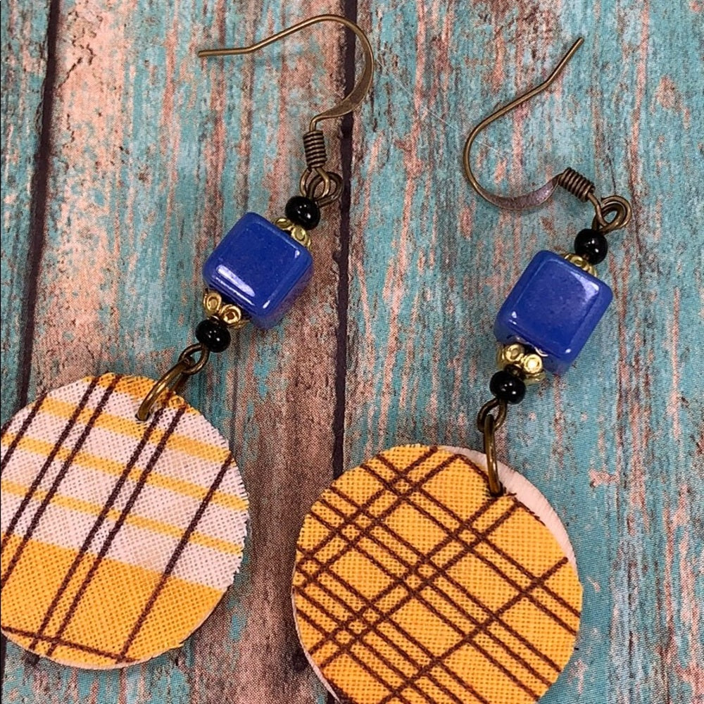Adorned Crown vintage fabric wood disc earrings Yellow brown lightweight