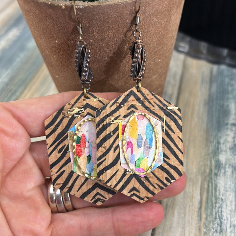 Adorned Crown Artisan Assemblage faux leather & metal zebra cork earrings