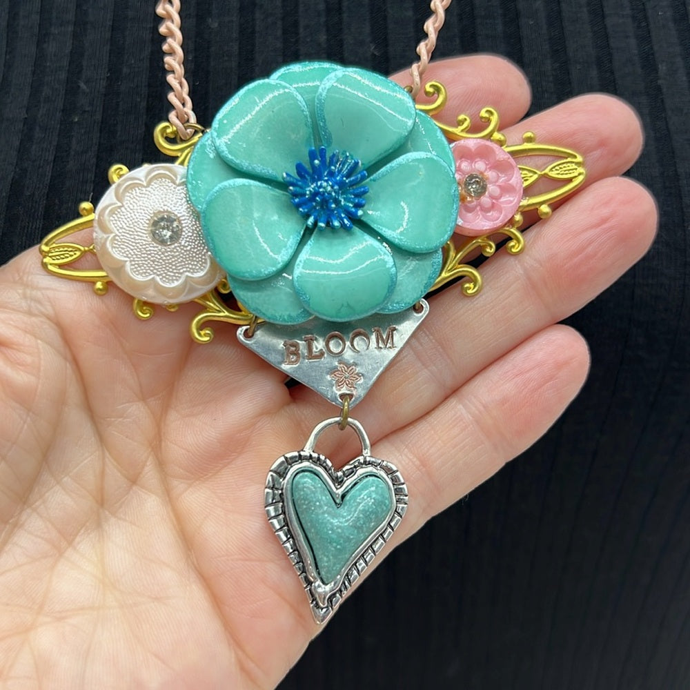 Adorned Crown Jewelry assemblage BLOOM enamel flower heart necklace
