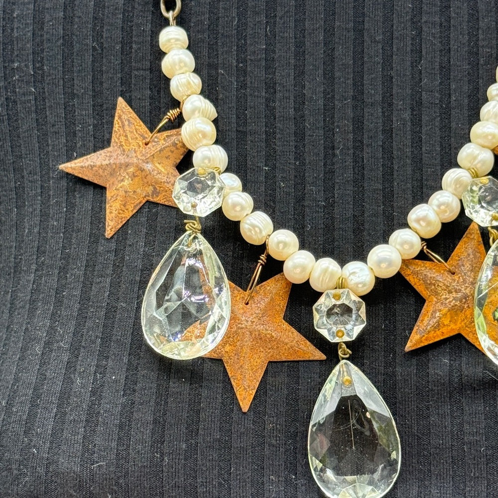 Adorned Crown Jewelry assemblage Christmas rusty Star crystal necklace