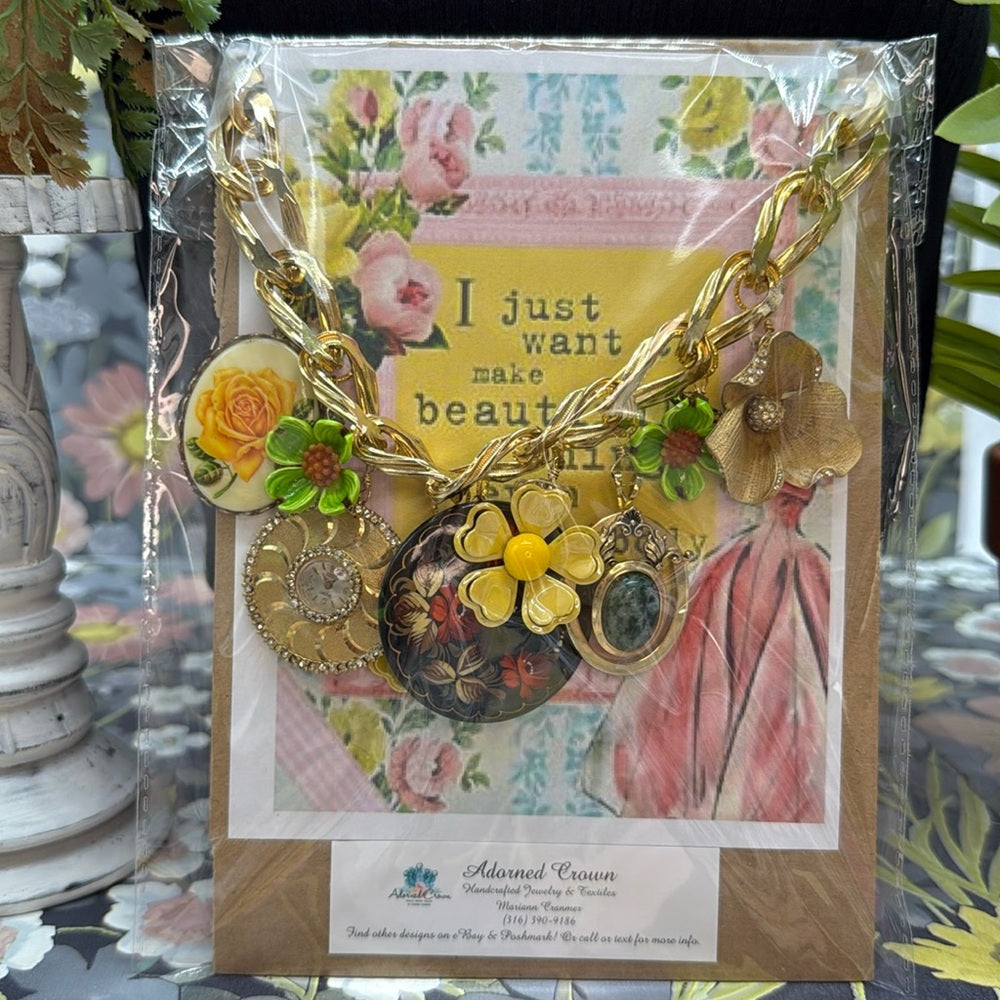 Adorned Crown Jewelry assemblage chunky charm yellow green flower necklace