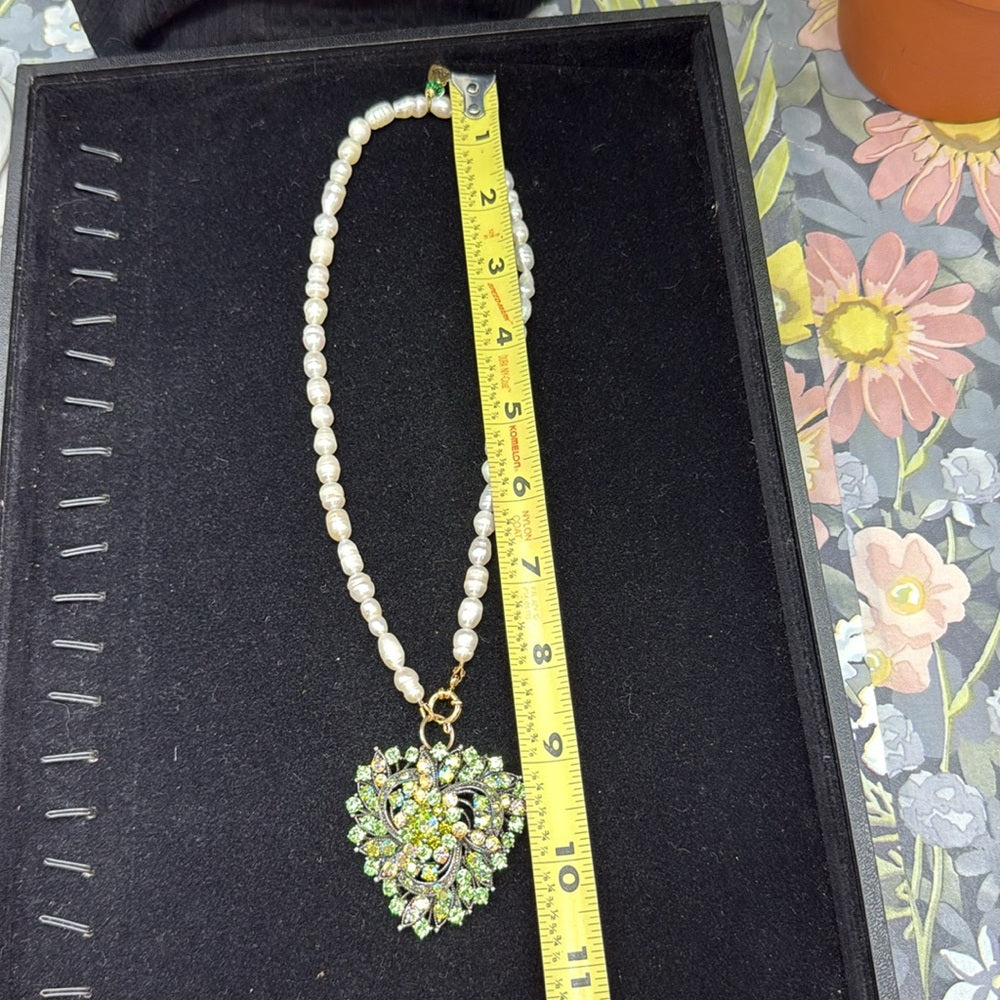 Adorned Crown Jewelry assemblage pearl green rhinestone pendant necklace