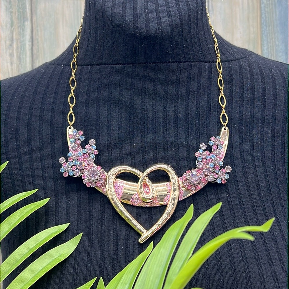 Adorned Crown Jewelry pink blue rhinestone heart bib necklace