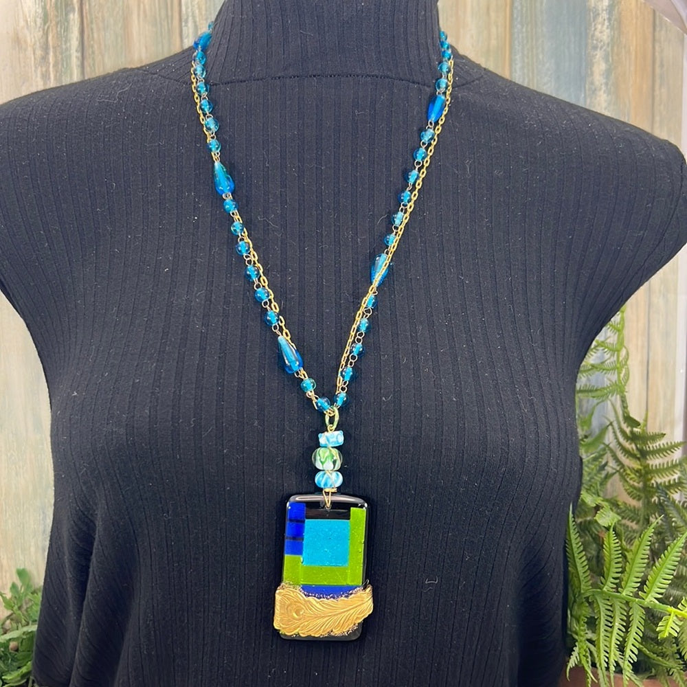 Adorned Crown Artisan Assemblage dichroic glass pendant feather necklace