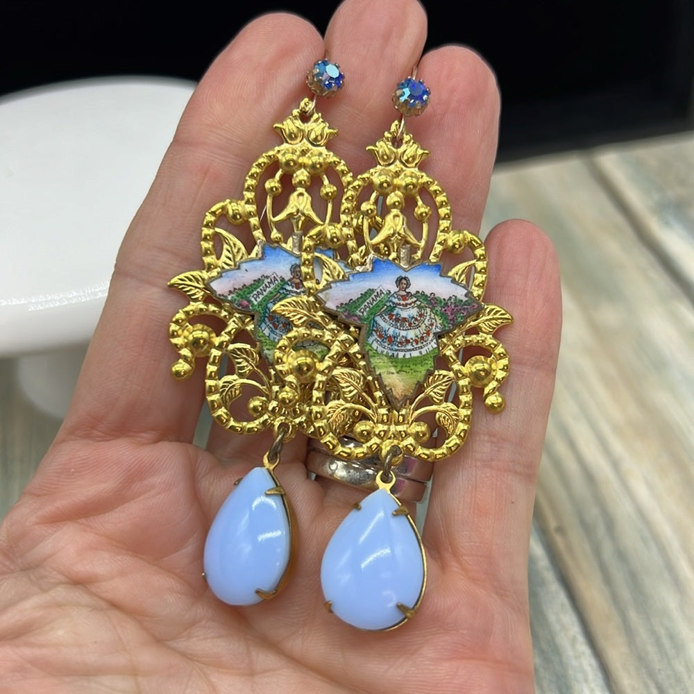 Adorned Crown Jewelry artisan assemblage enamel leaf filigree Czech earrings
