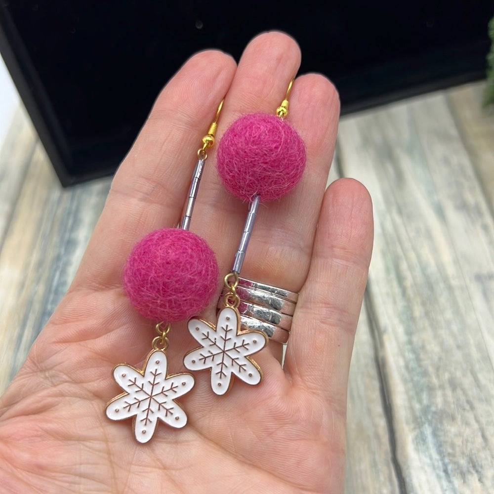 Adorned Crown Jewelry assemblage Christmas earrings pink wool ball snowflake