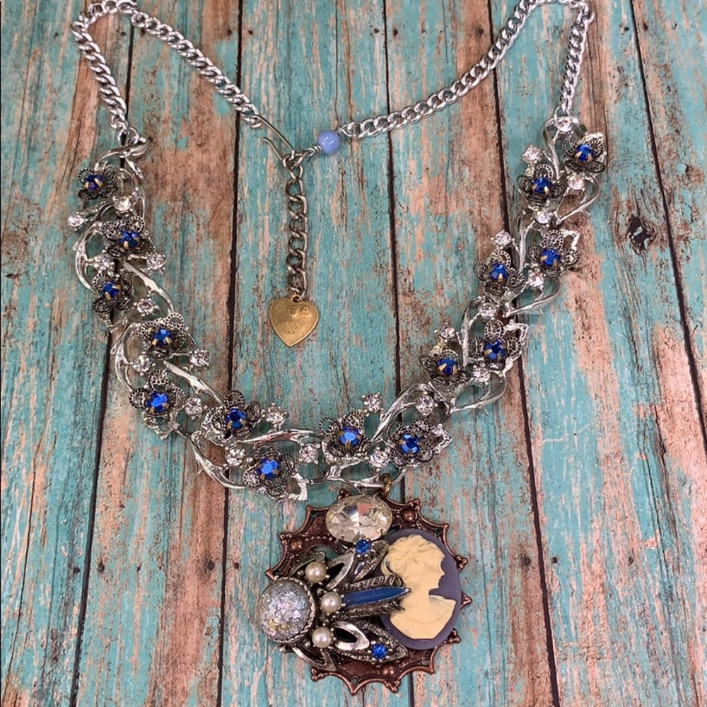 Adorned Crown Artisan assemblage “something blue” cluster rhinestone necklace