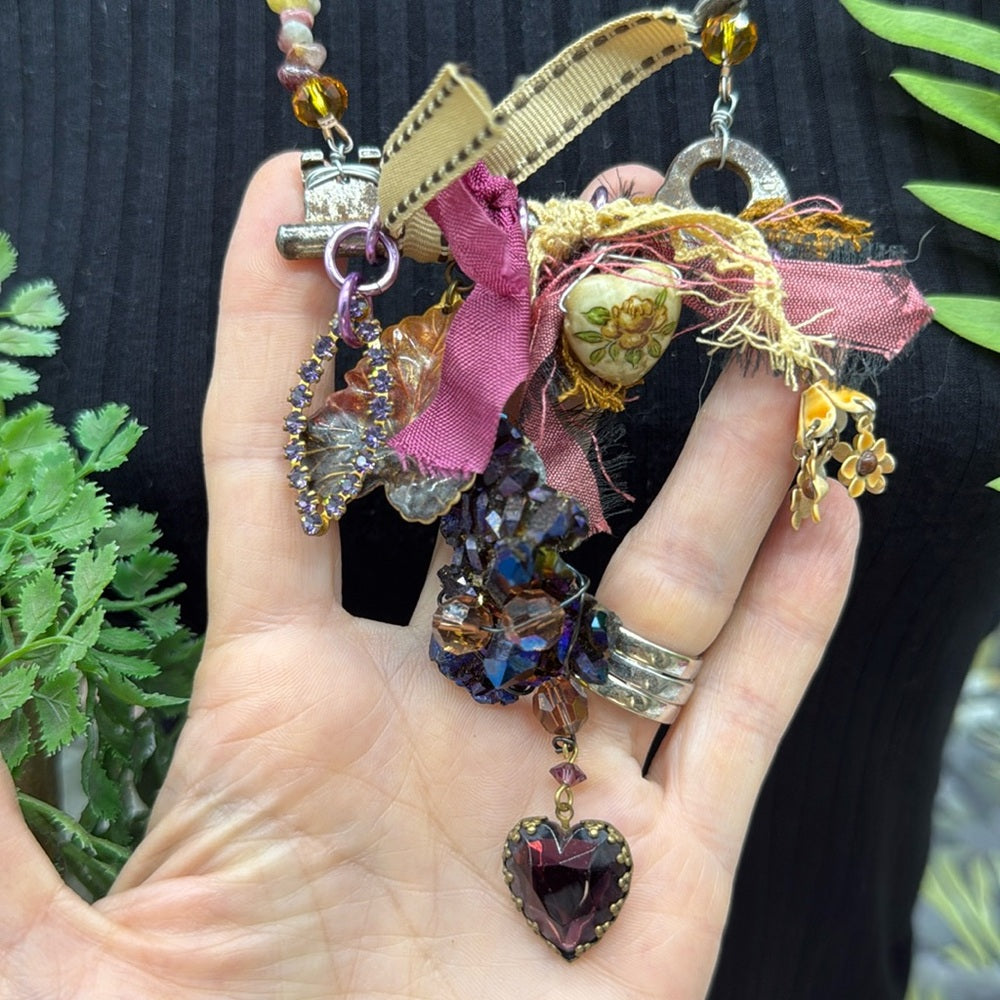 Adorned Crown Jewelry assemblage amethyst skeleton key bits & baubles necklace
