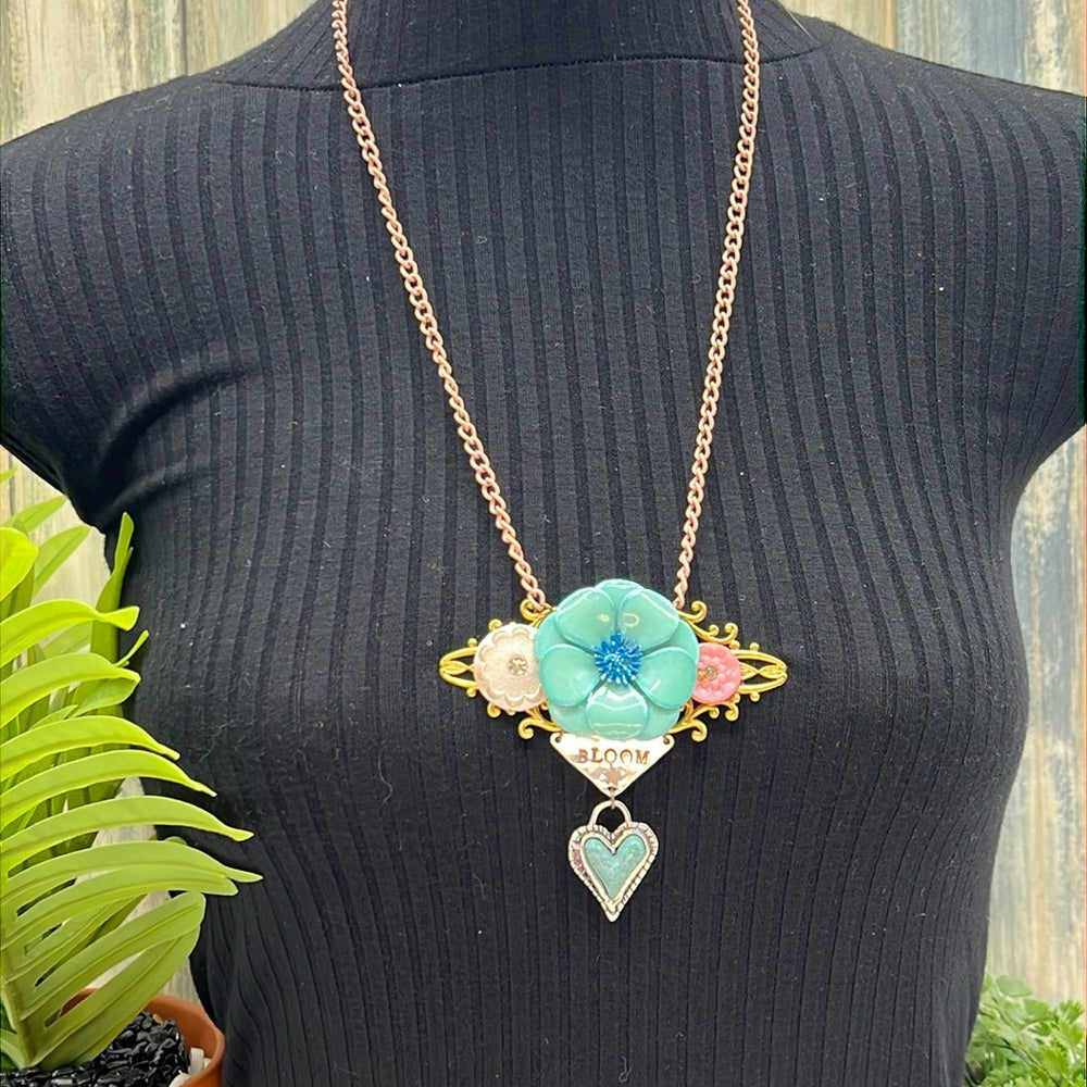 Adorned Crown Jewelry assemblage BLOOM enamel flower heart necklace