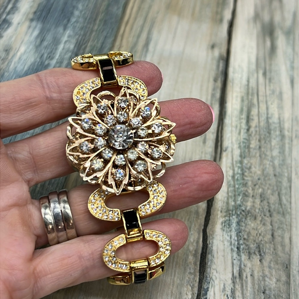 Adorned Crown Jewelry assemblage rhinestone burst on rhinestone band bracelet