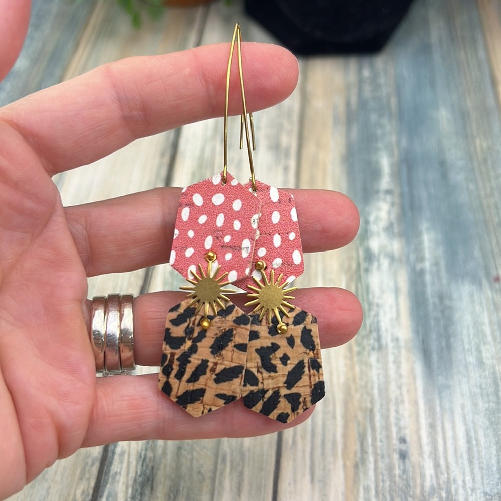 Adorned Crown Artisan Assemblage faux leather starburst long earrings
