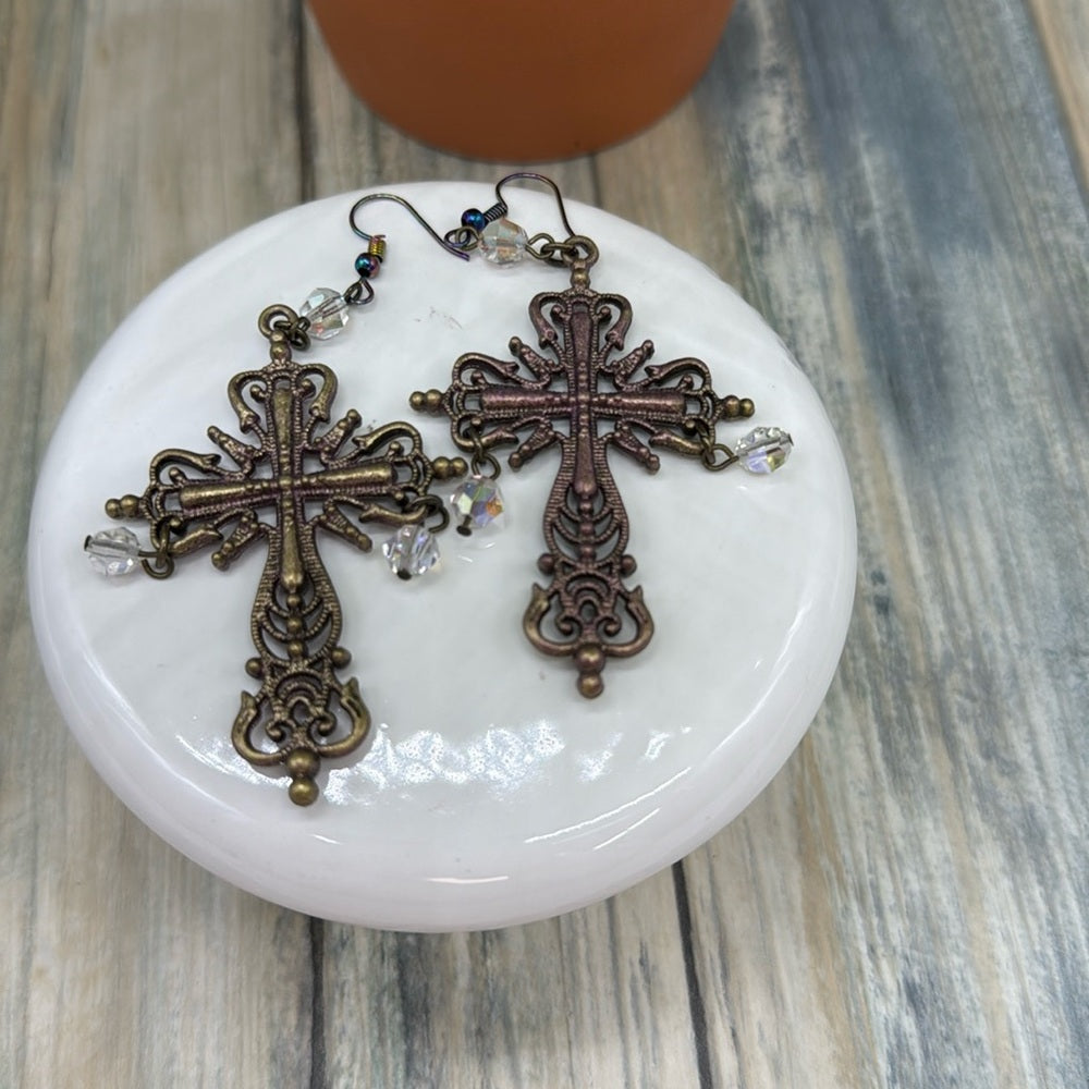 Adorned Crown Jewelry assemblage patina cross and crystal Earrings